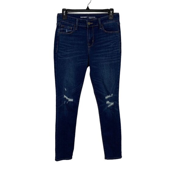 Old Navy Rockstar Jeans 6 Dark Wash Distressed Mid Rise Stretch Skinny - Picture 1 of 8